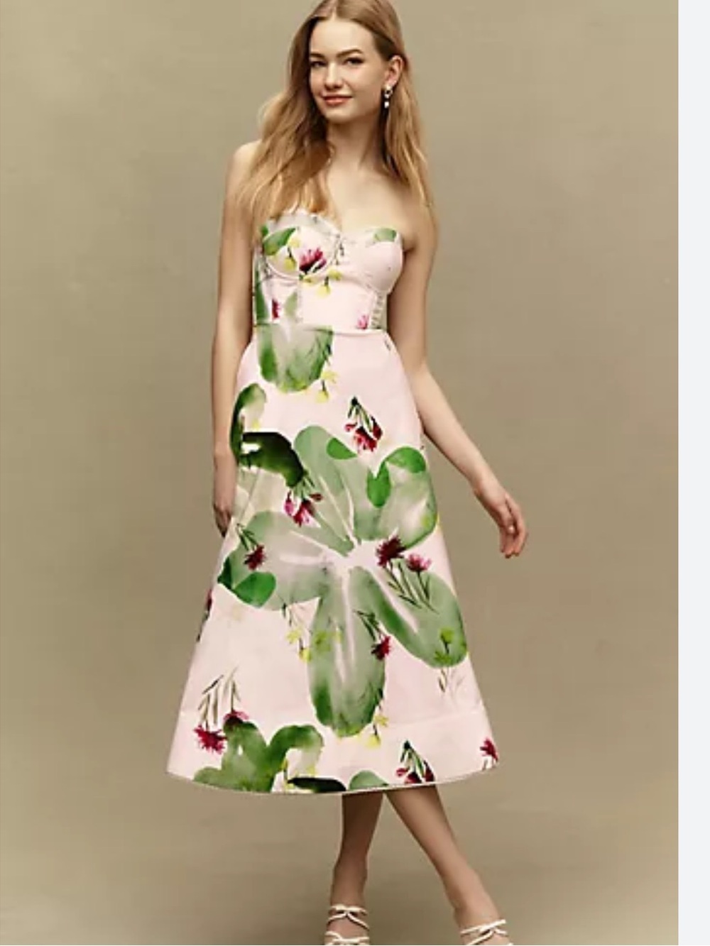 BHLDN Natalia Fit-and-Flare Strapless Pink Floral Midi Dress